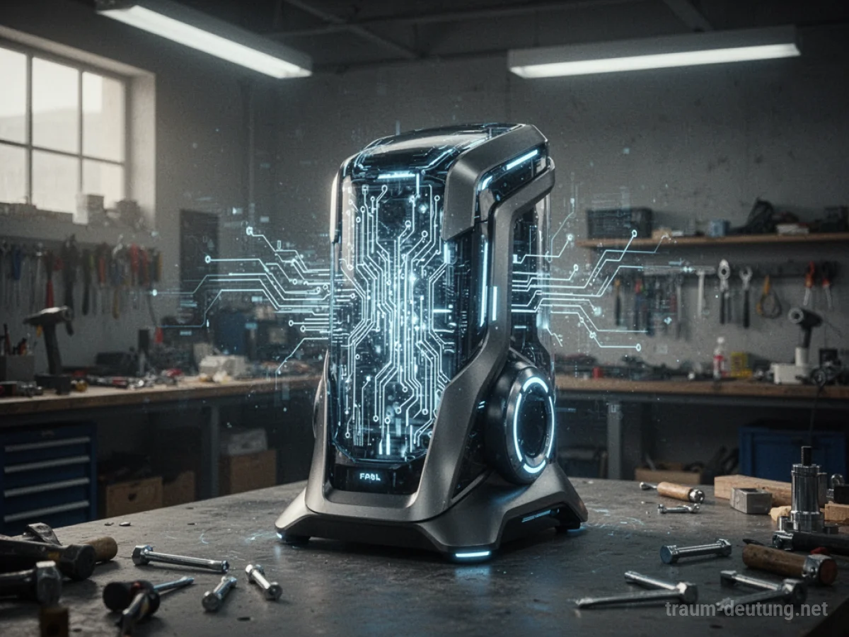 Holografische Darstellung einer futuristischen Maschine in einem modernen Raum