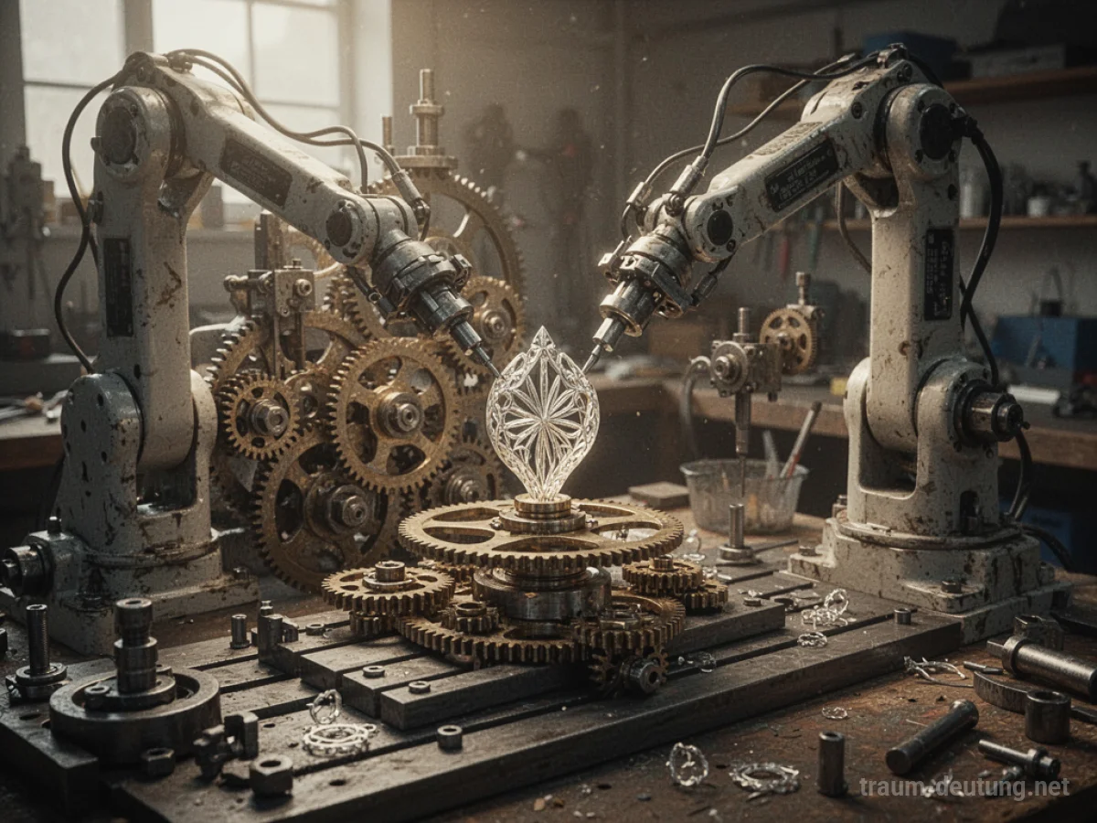 Maschine baut ein Objekt in einer Werkstatt, Fokus auf präzise mechanische Teile.