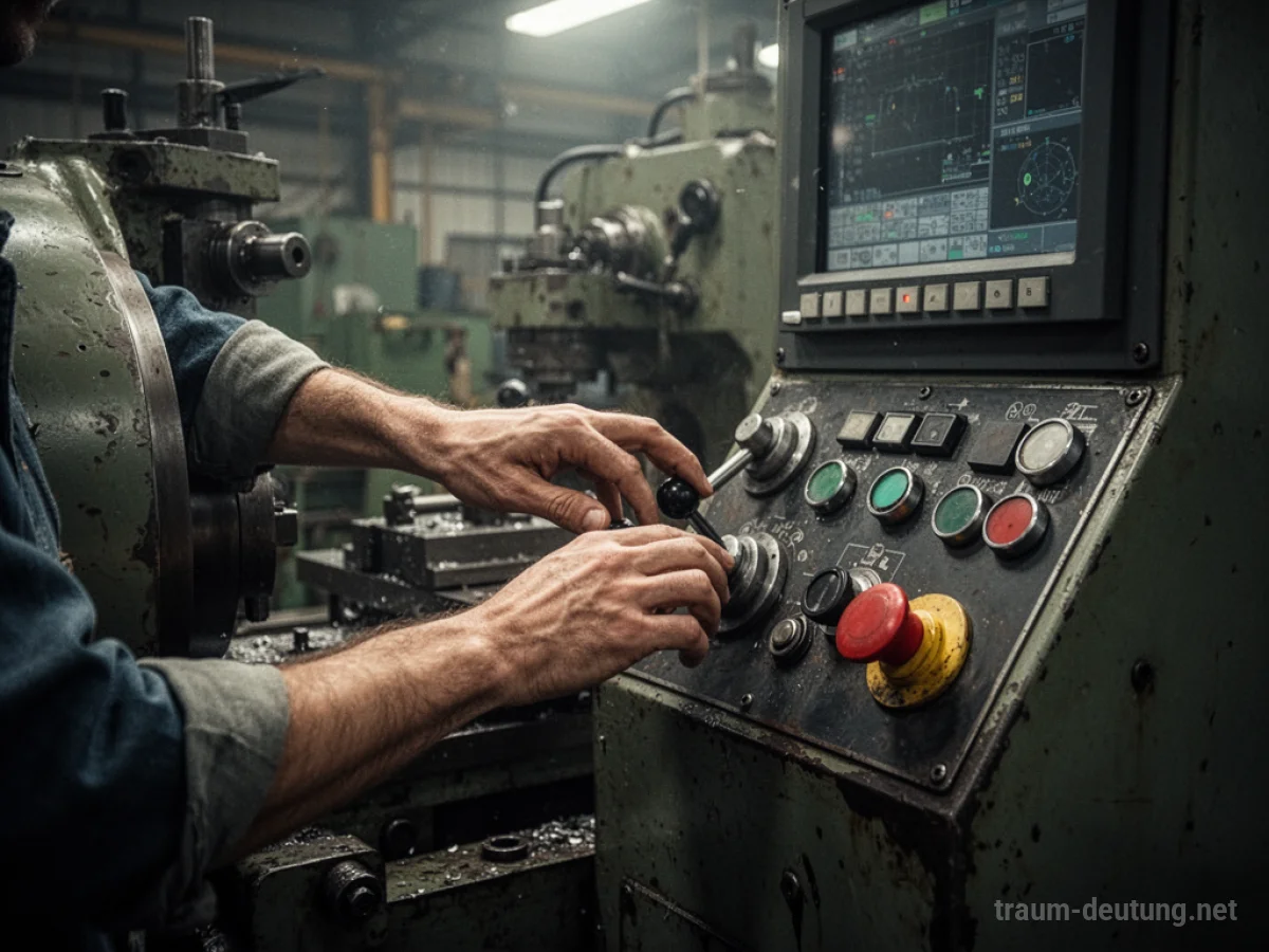 Hände bedienen die Steuerung einer Maschine in einer Fabrik.
