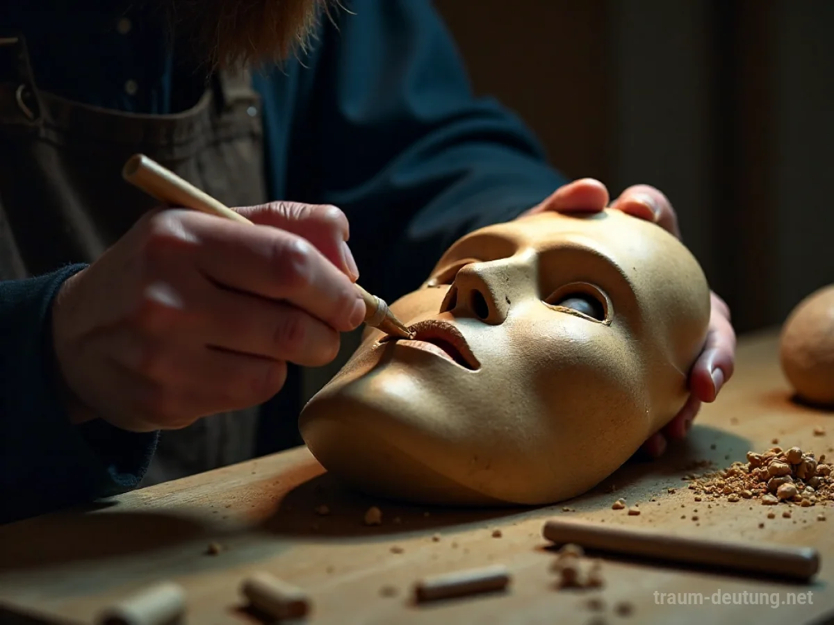 Hände schnitzen eine Holzmaske in einer Werkstatt