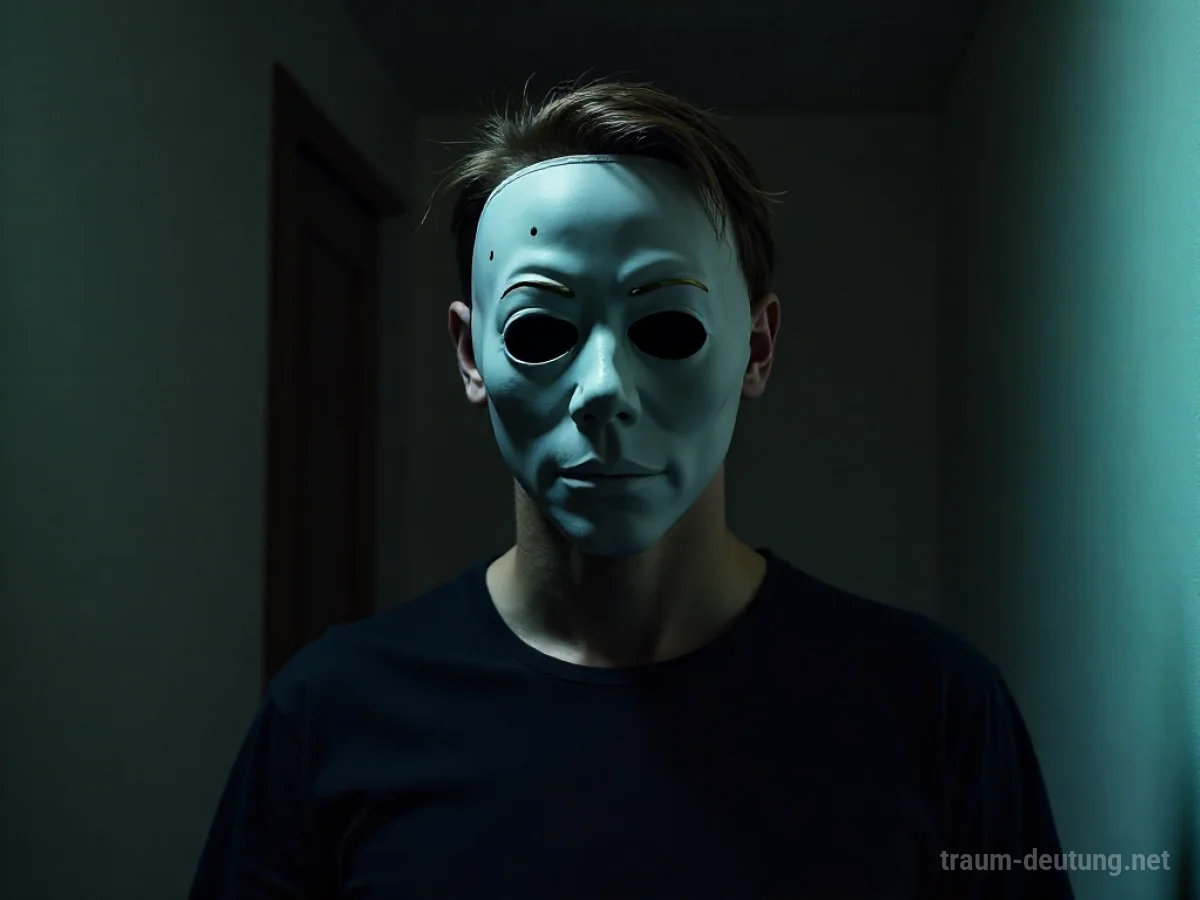 Eine Person trägt eine Maske, die das Gesicht vollständig verdeckt, in einem schattigen Raum.