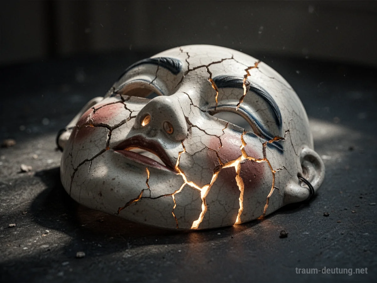 Zerbrochene Maske mit Lichtstrahlen, die durch die Risse fallen.
