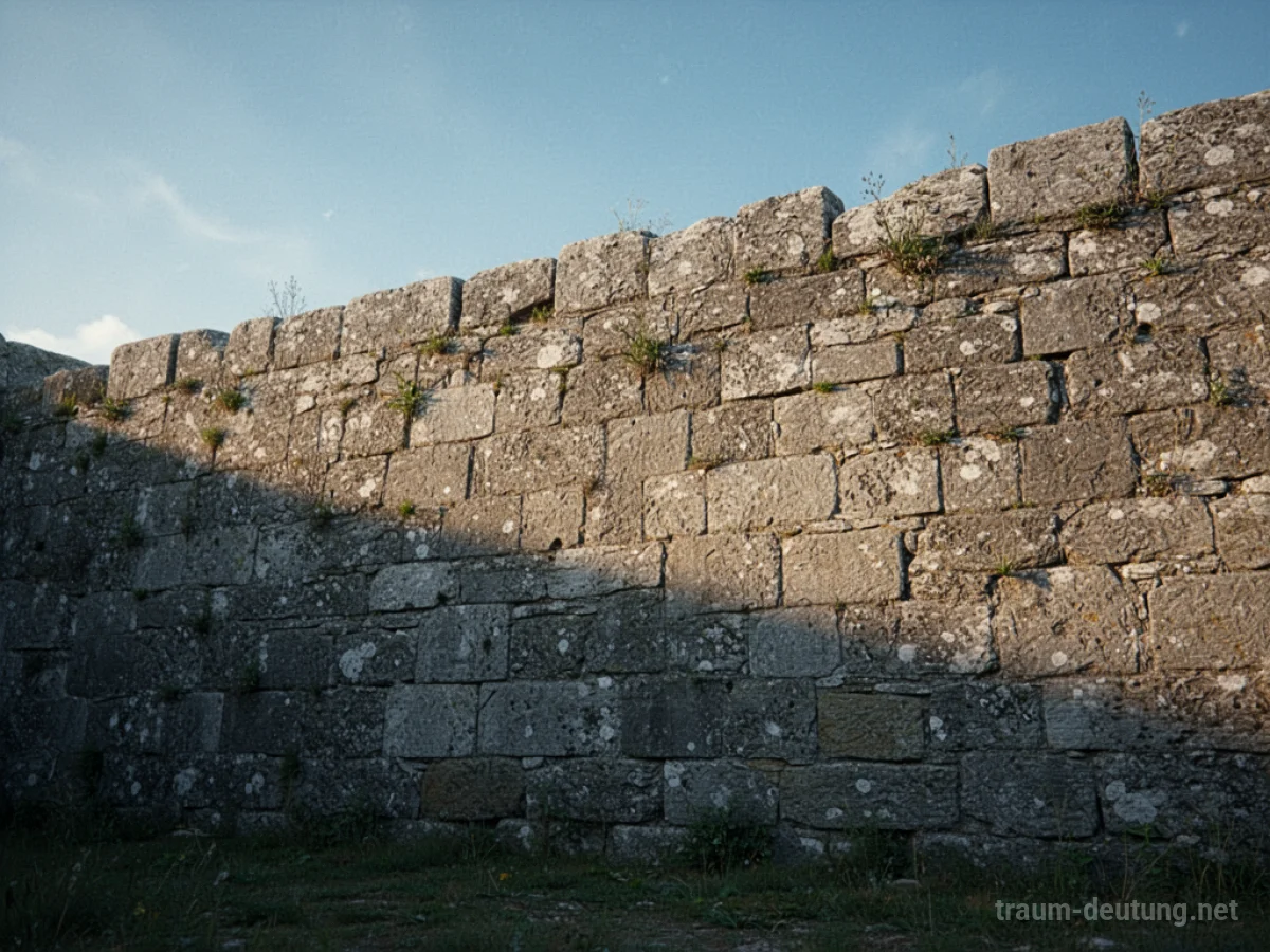 Eine solide Steinmauer vor blauem Himmel