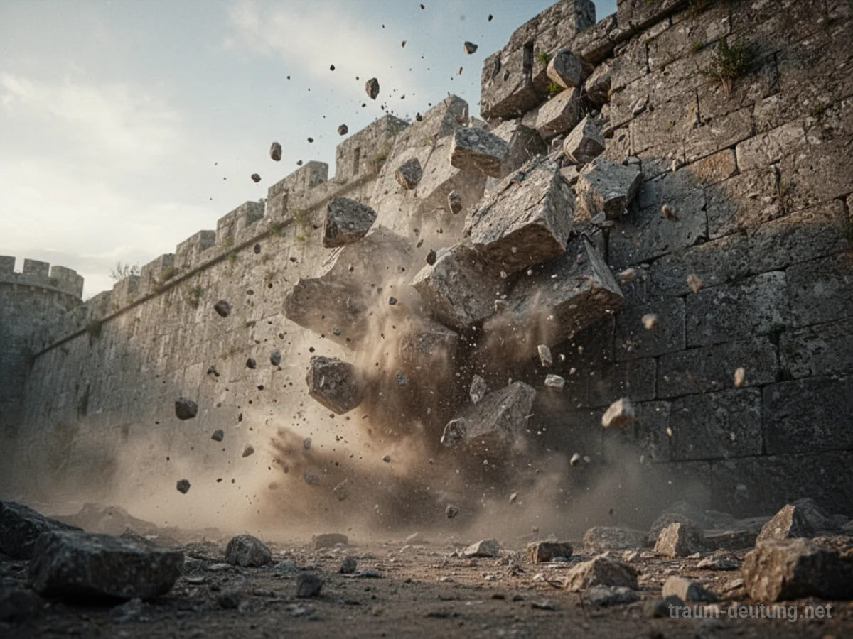Eine massive Mauer zerbricht und fällt auf den Betrachter zu, Staub und Trümmer fliegen.