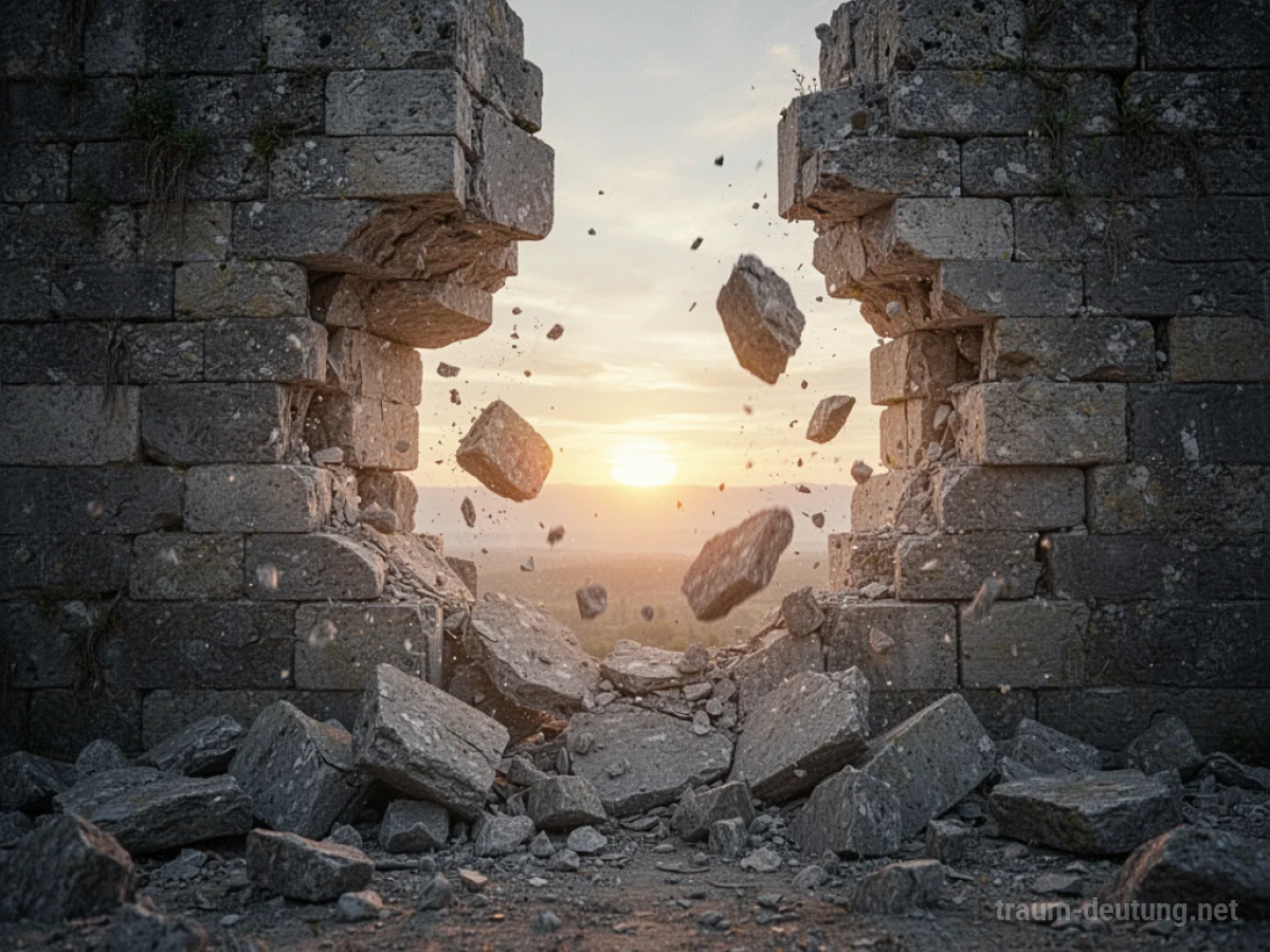 Eine bröckelnde Steinmauer mit Sonnenstrahlen, die durch die Lücken scheinen.
