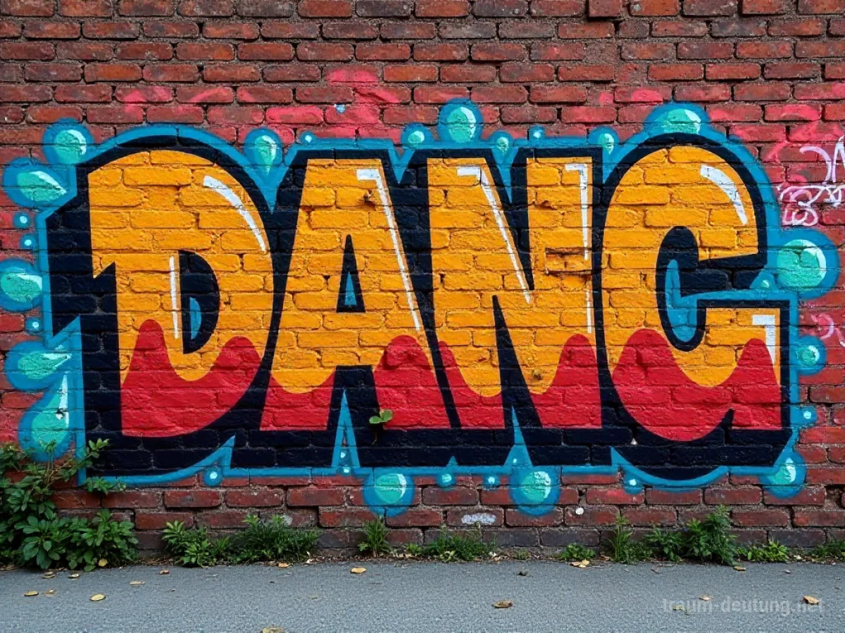 Eine bemooste Ziegelmauer, bedeckt mit bunten Graffiti-Kunstwerken.