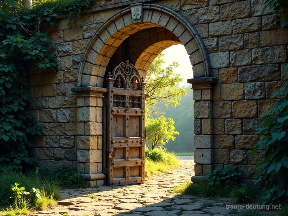 Eine alte Steinmauer mit einem offenen, verzierten Tor, durch das Sonnenlicht scheint.