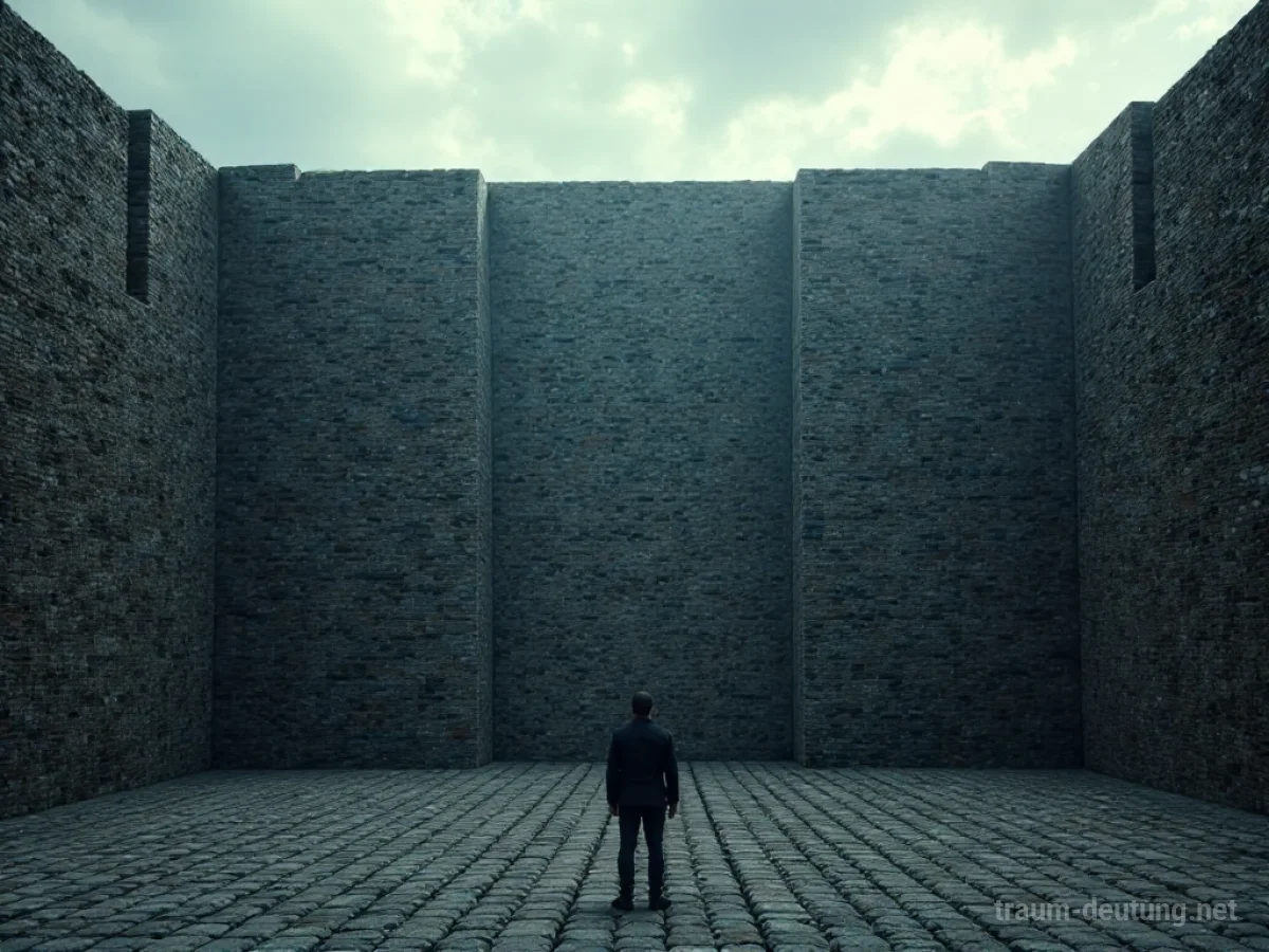 Silhouette einer Person steht vor einer endlosen Mauer aus Ziegelsteinen.