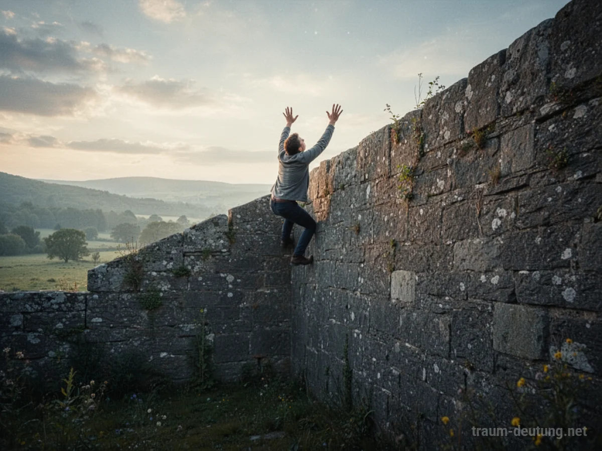Person klettert über eine hohe Mauer in Richtung Himmel