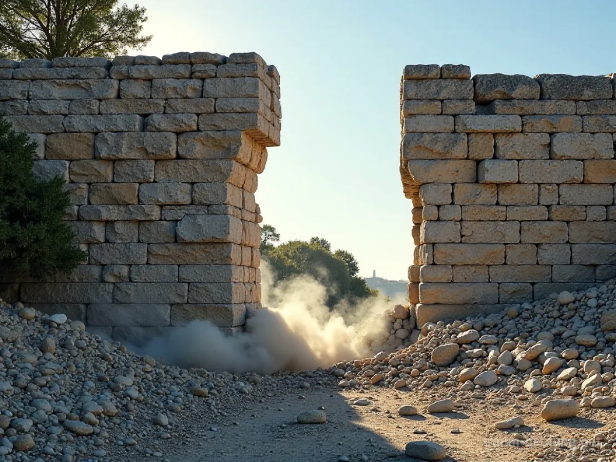 Eine zerfallende Steinmauer, durch die Sonnenlicht dringt.