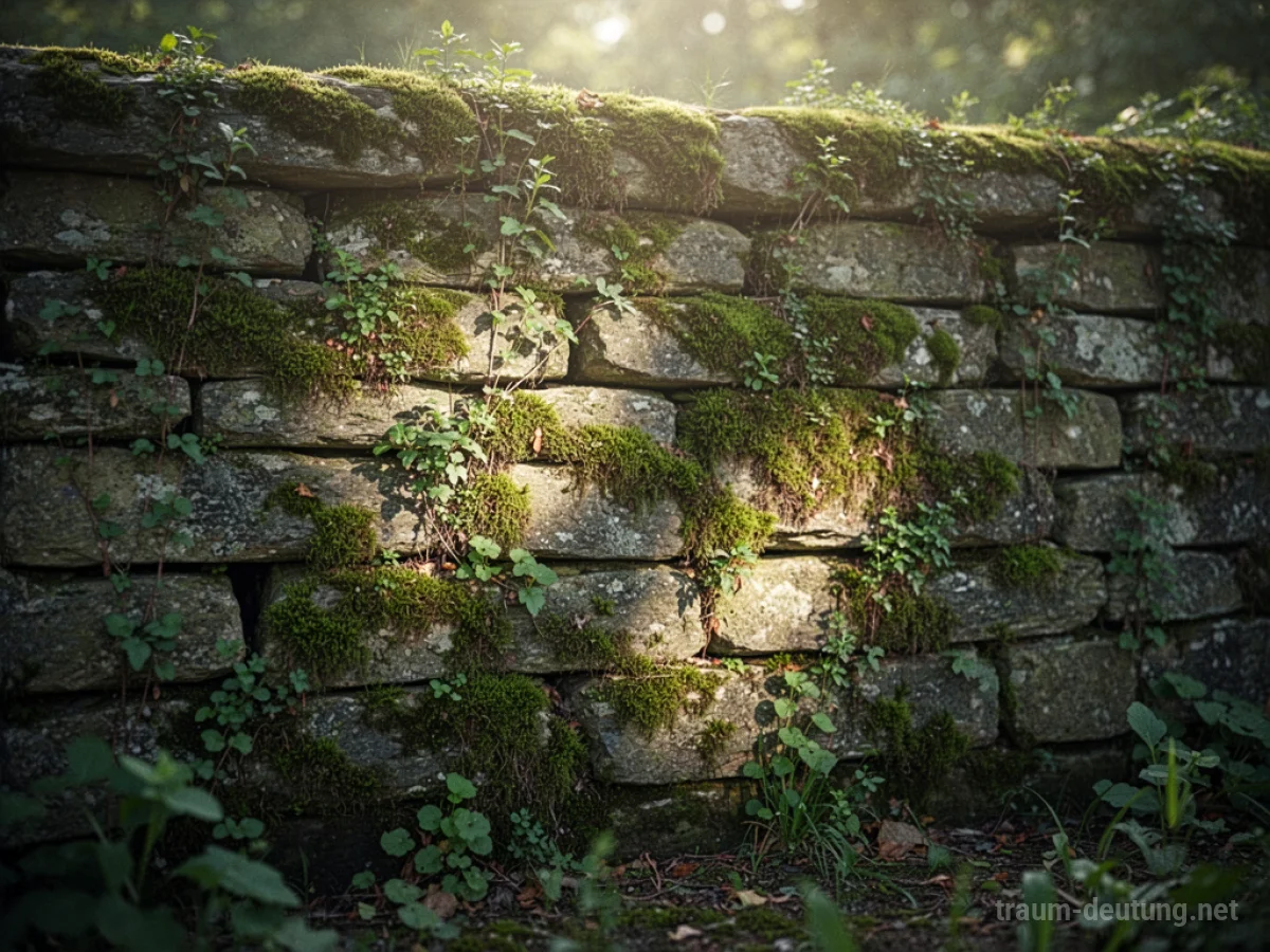 Eine Steinmauer, die von lebendigem Grün überwuchert wird, im sanften Licht.