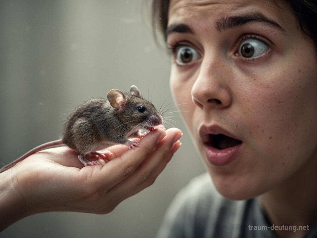 Eine Maus knabbert an einer menschlichen Hand, leichte Überraschung im Gesicht.