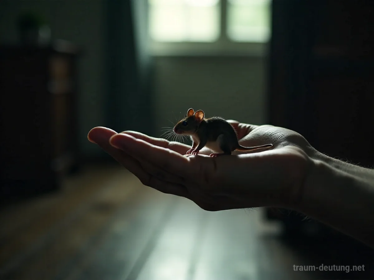 Eine Maus entkommt einer geöffneten Hand in einem schwach beleuchteten Raum.