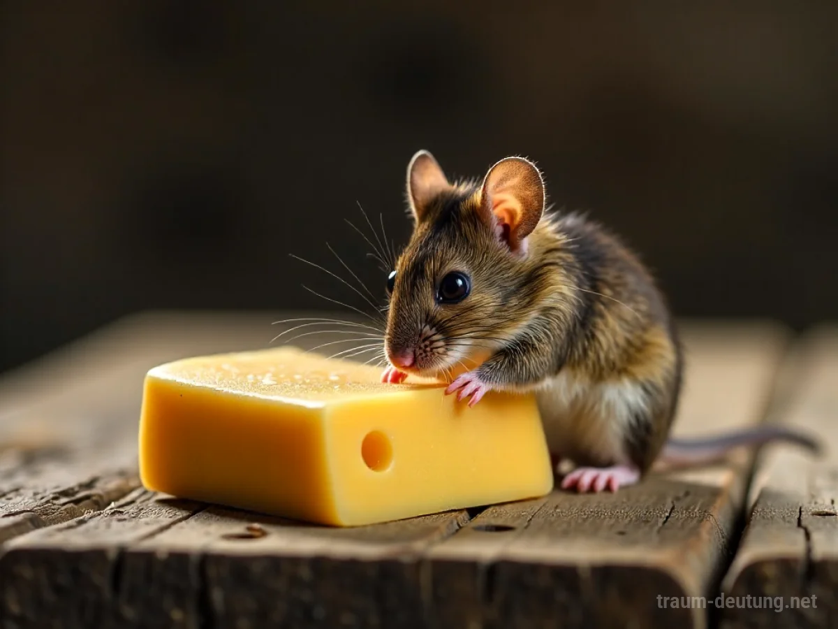 Eine kleine Maus frisst genüsslich ein Stück Käse auf einem Holztisch.