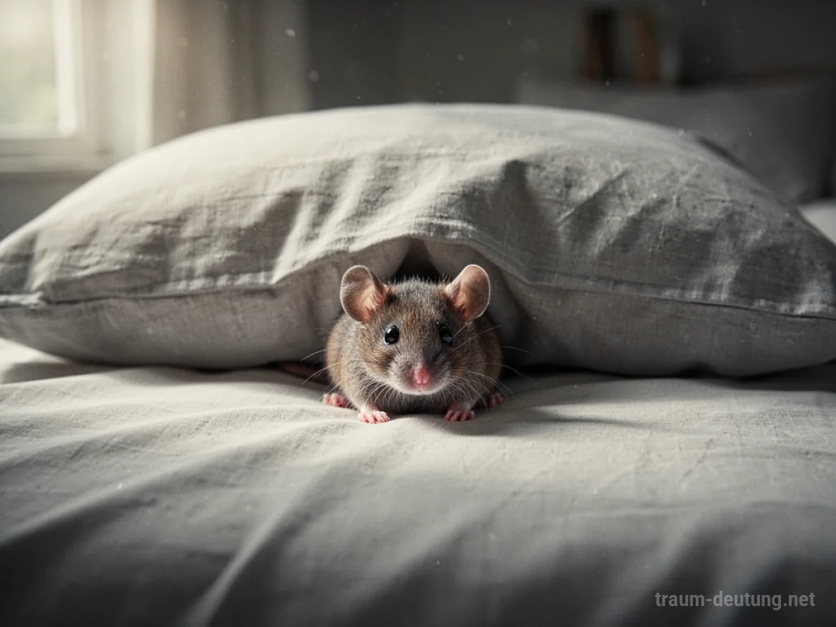 Eine kleine Maus lugt unter einem Kissen auf einem aufgeräumten Bett hervor.