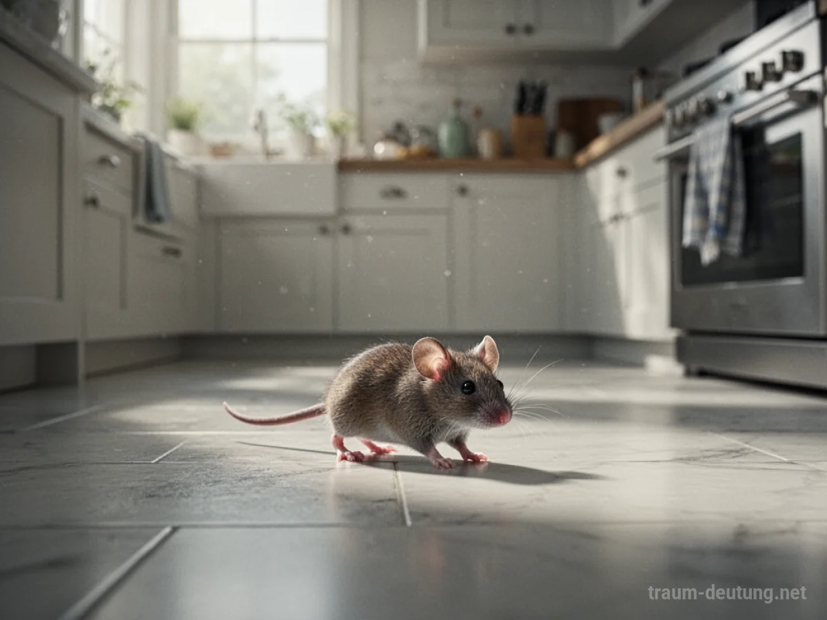 Eine kleine Maus huscht über den Boden einer hellen Küche.