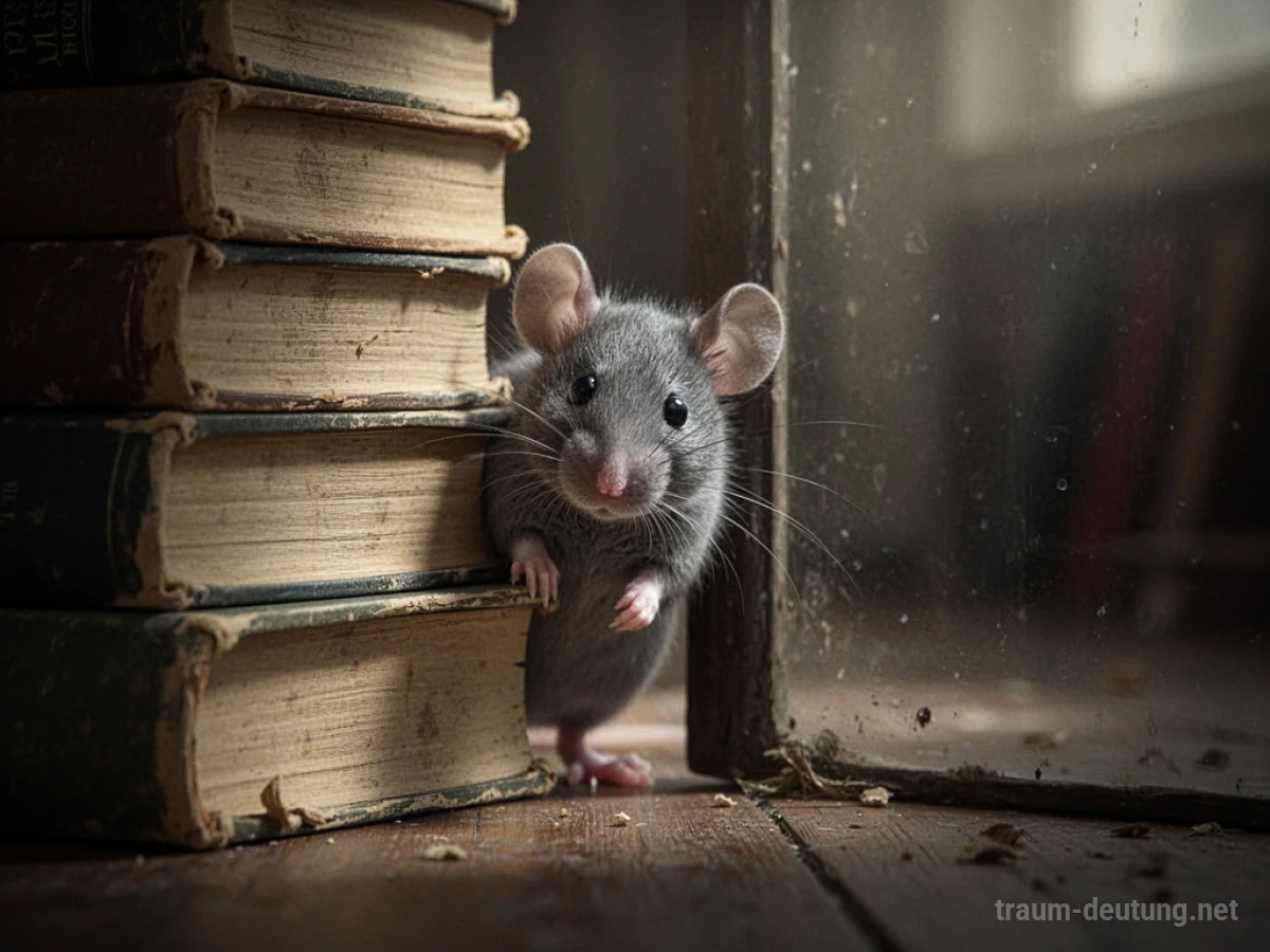 Eine kleine Maus lugt hinter einem Stapel Bücher hervor.