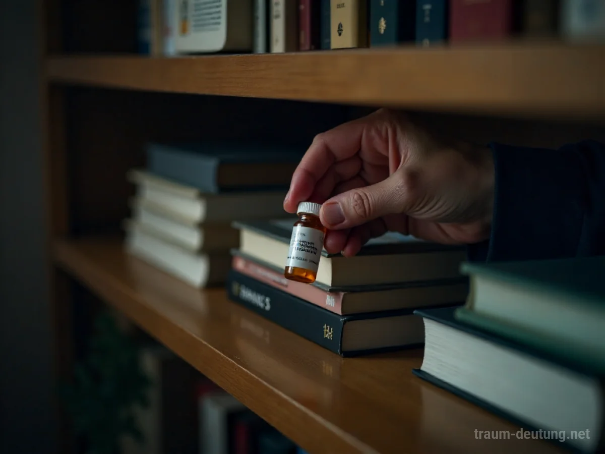 Eine Hand versteckt eine Pillenflasche hinter Büchern in einem Regal.