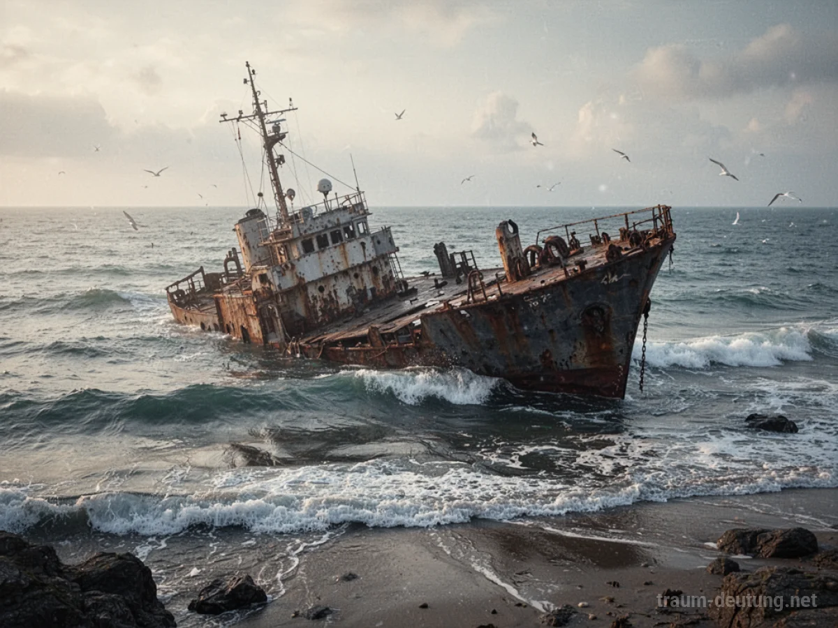 Ein altes, zerbrochenes Schiffswrack ragt aus dem ruhigen Meer hervor.