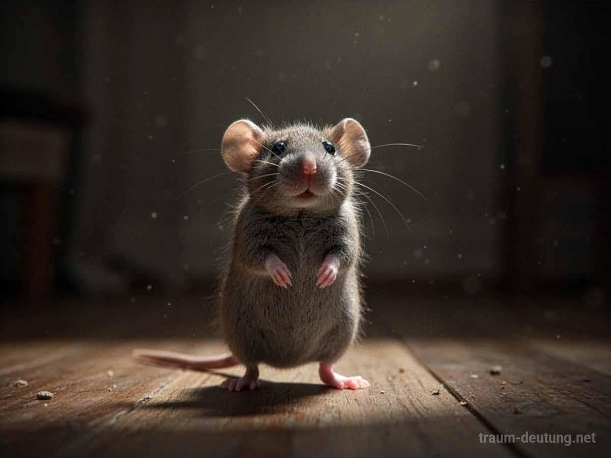Eine kleine Maus steht aufrecht im dämmrigen Licht.