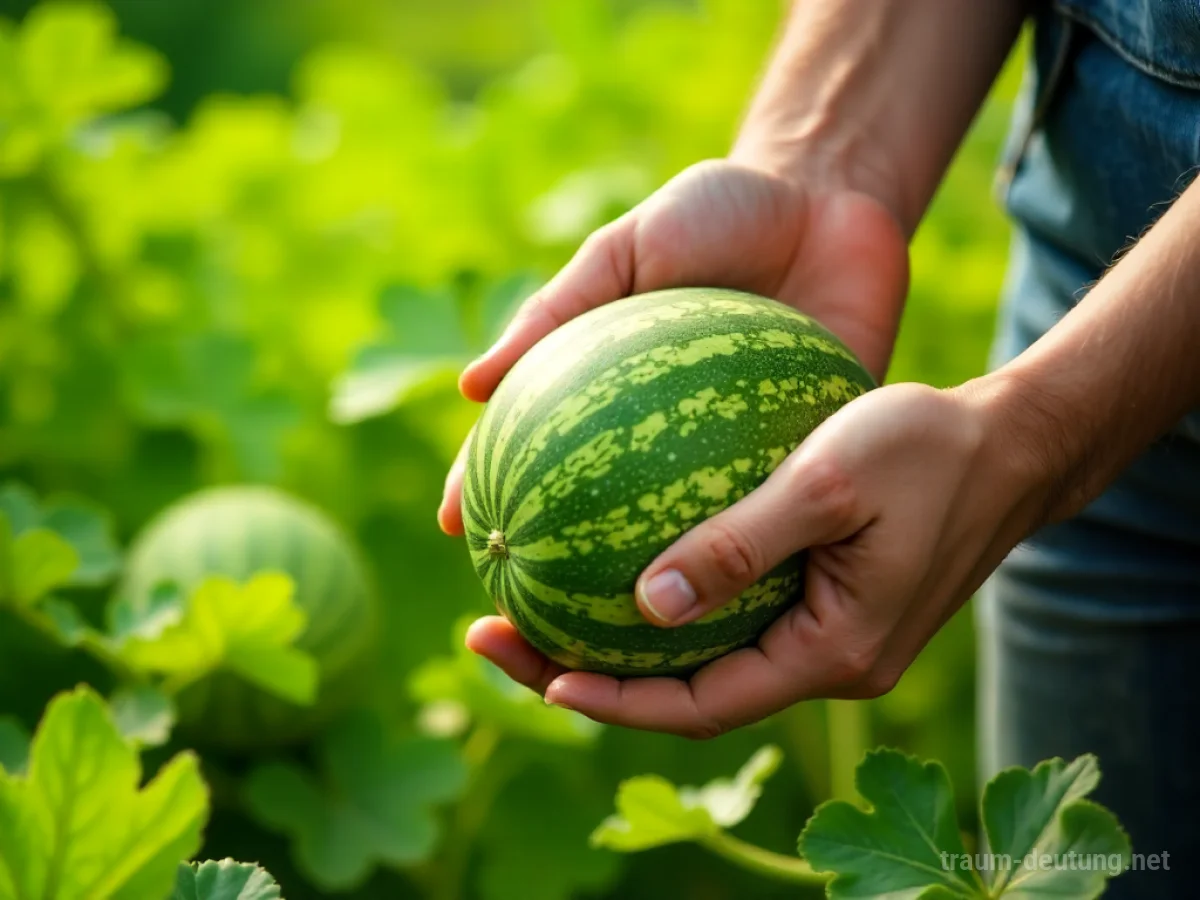 Hände ernten eine reife Melone von einer Ranke im Garten