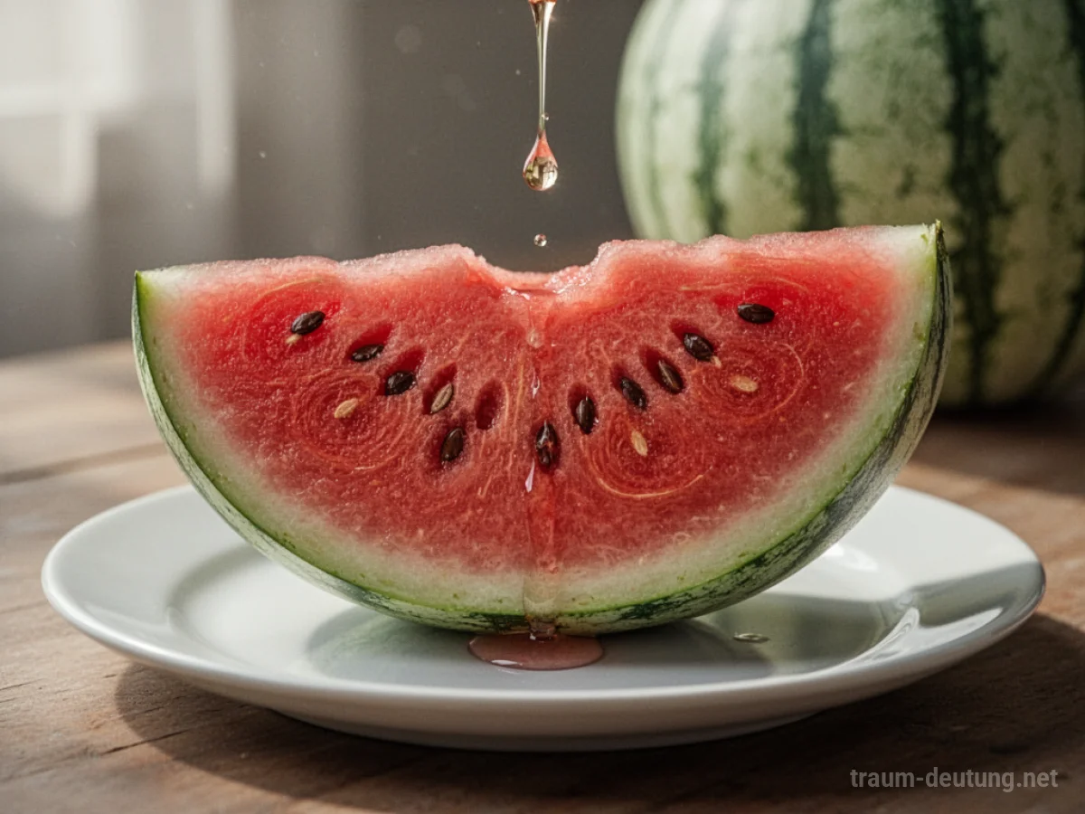 Ein Stück reife Melone mit einem Saftropfen auf einem Teller.