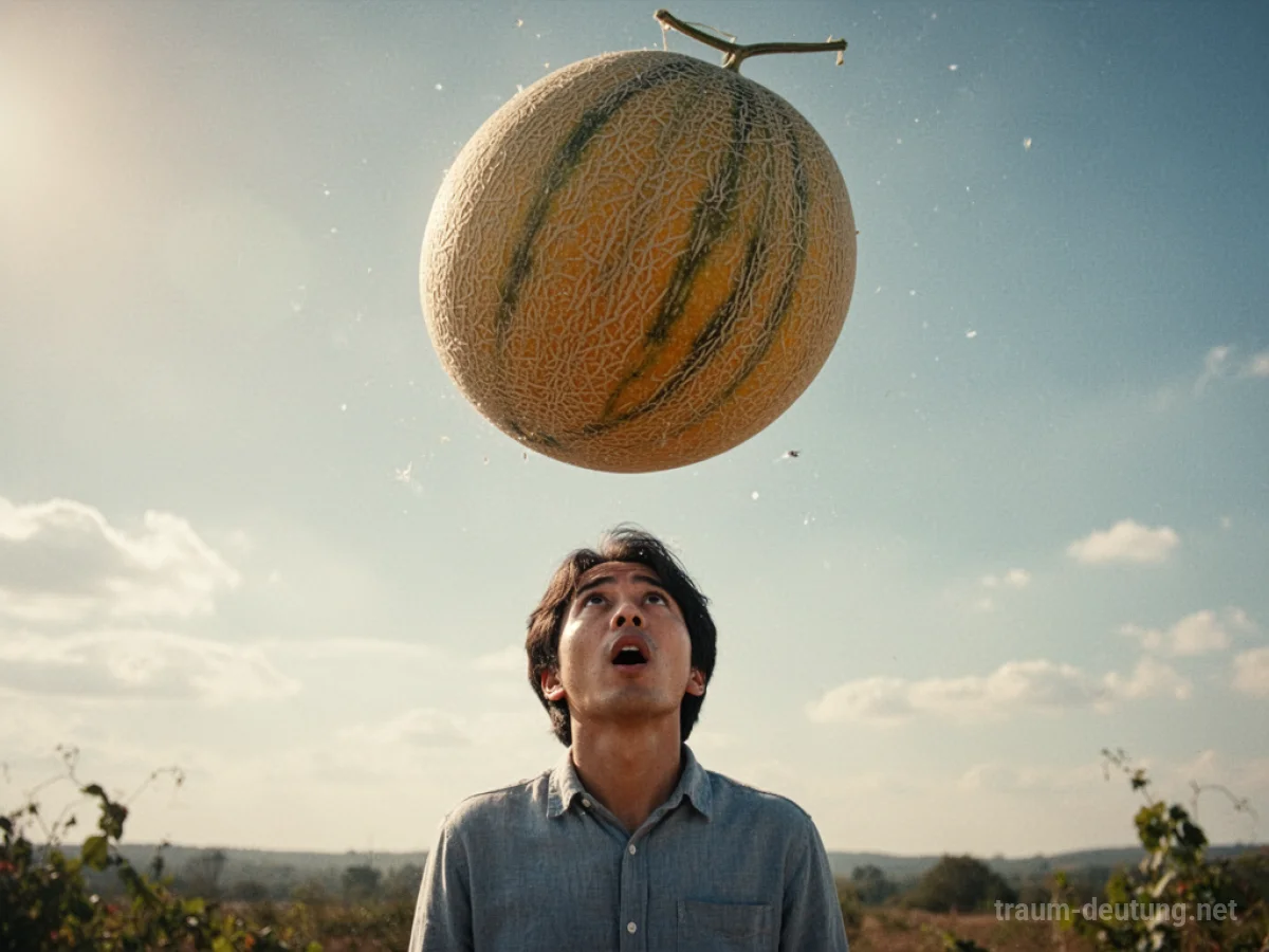 Eine Melone fällt vom Himmel auf eine überraschte Person.