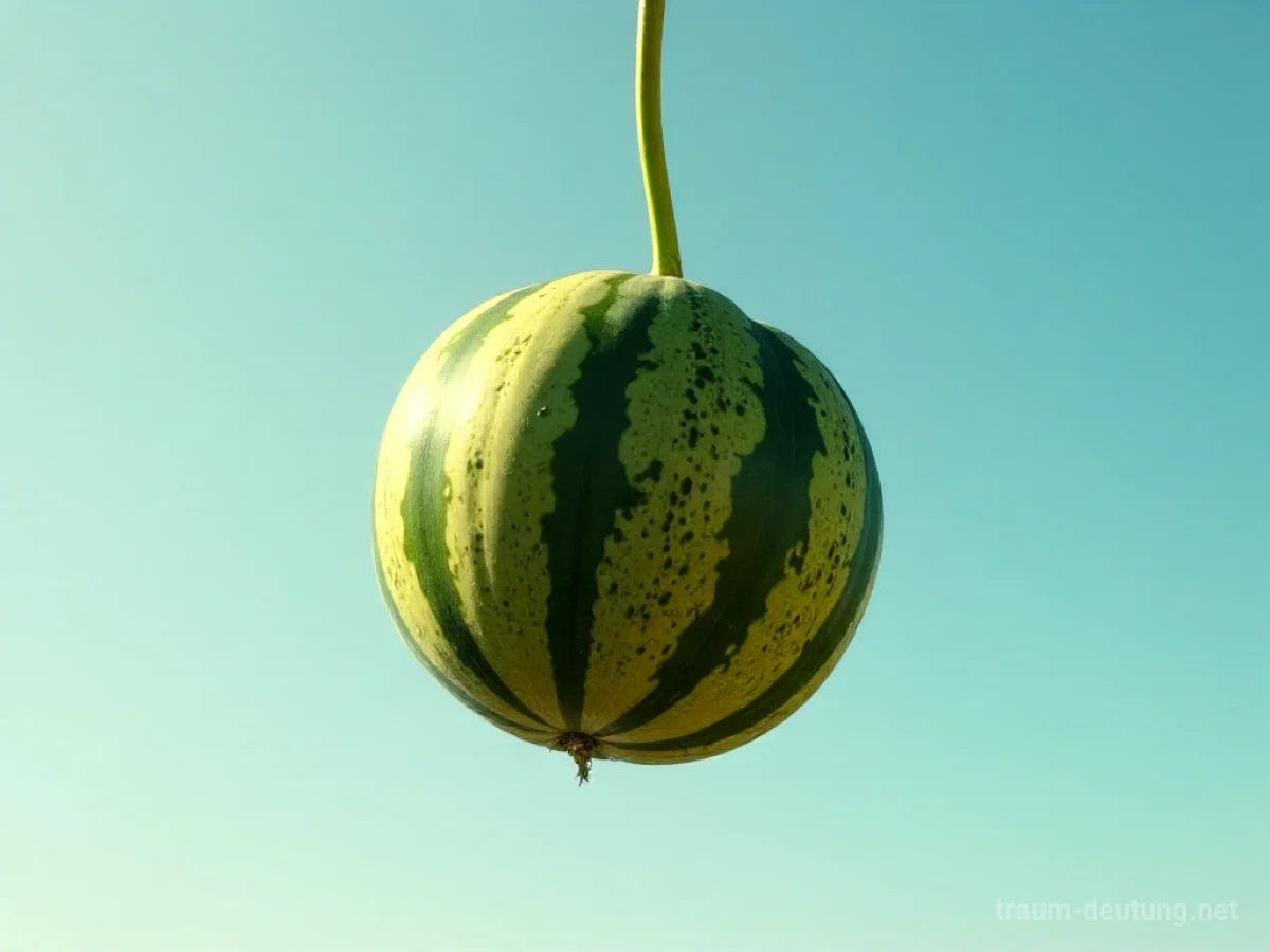 Eine reife Melone fällt aus großer Höhe gegen einen blauen Himmel.