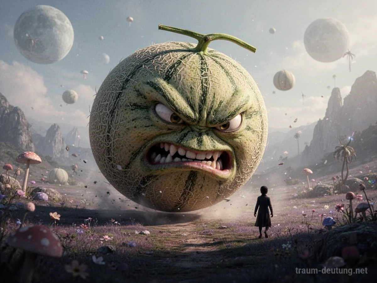 Eine riesige Melone rollt bedrohlich auf eine kleine menschliche Silhouette zu.