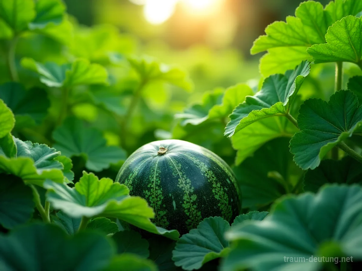 Reife Melone im grünen Garten zwischen Blättern