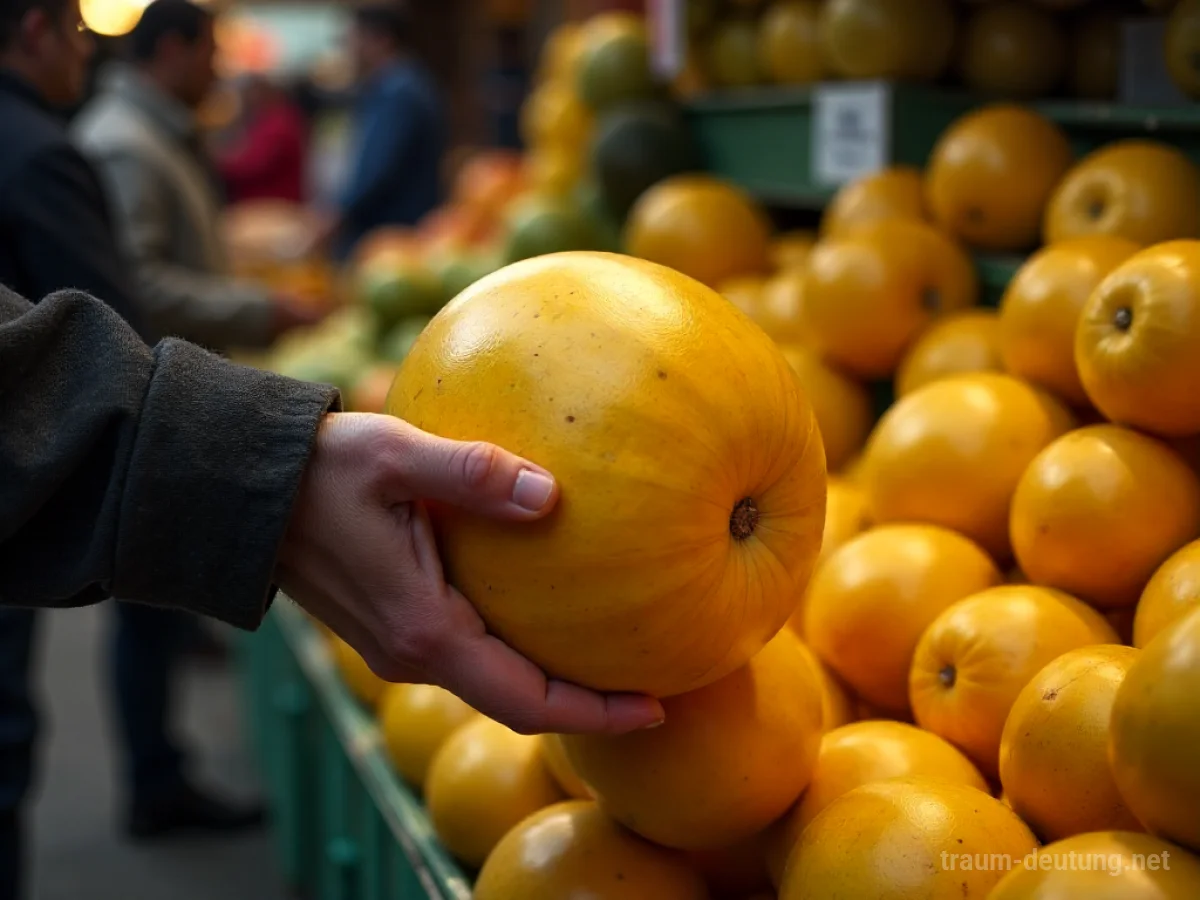 Hand stiehlt eine reife Melone von einem Obststand.