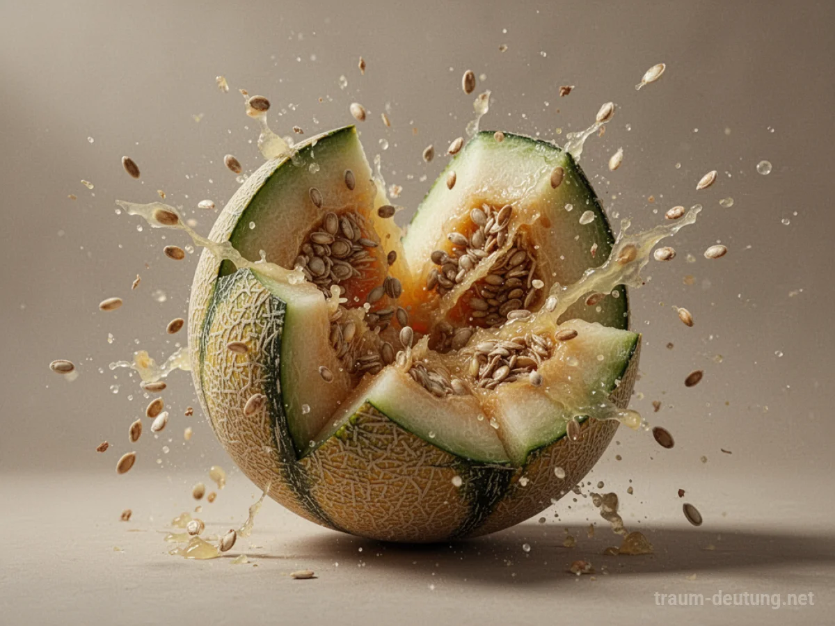 Zerplatzende Melone mit sichtbaren Kernen und Fruchtfleisch, symbolisch für emotionale Entladung.