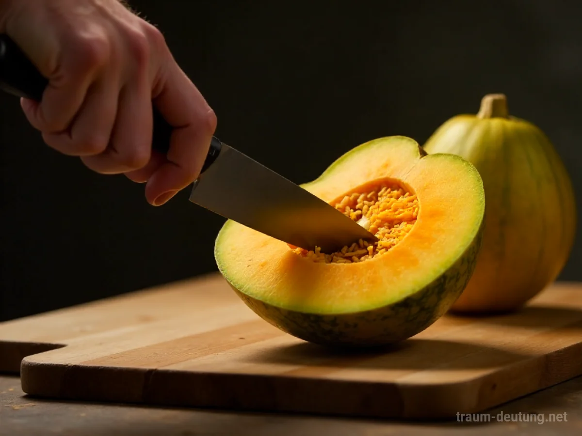 Eine Hand hält ein Messer über einer reifen Melone, bereit zum Anschneiden.