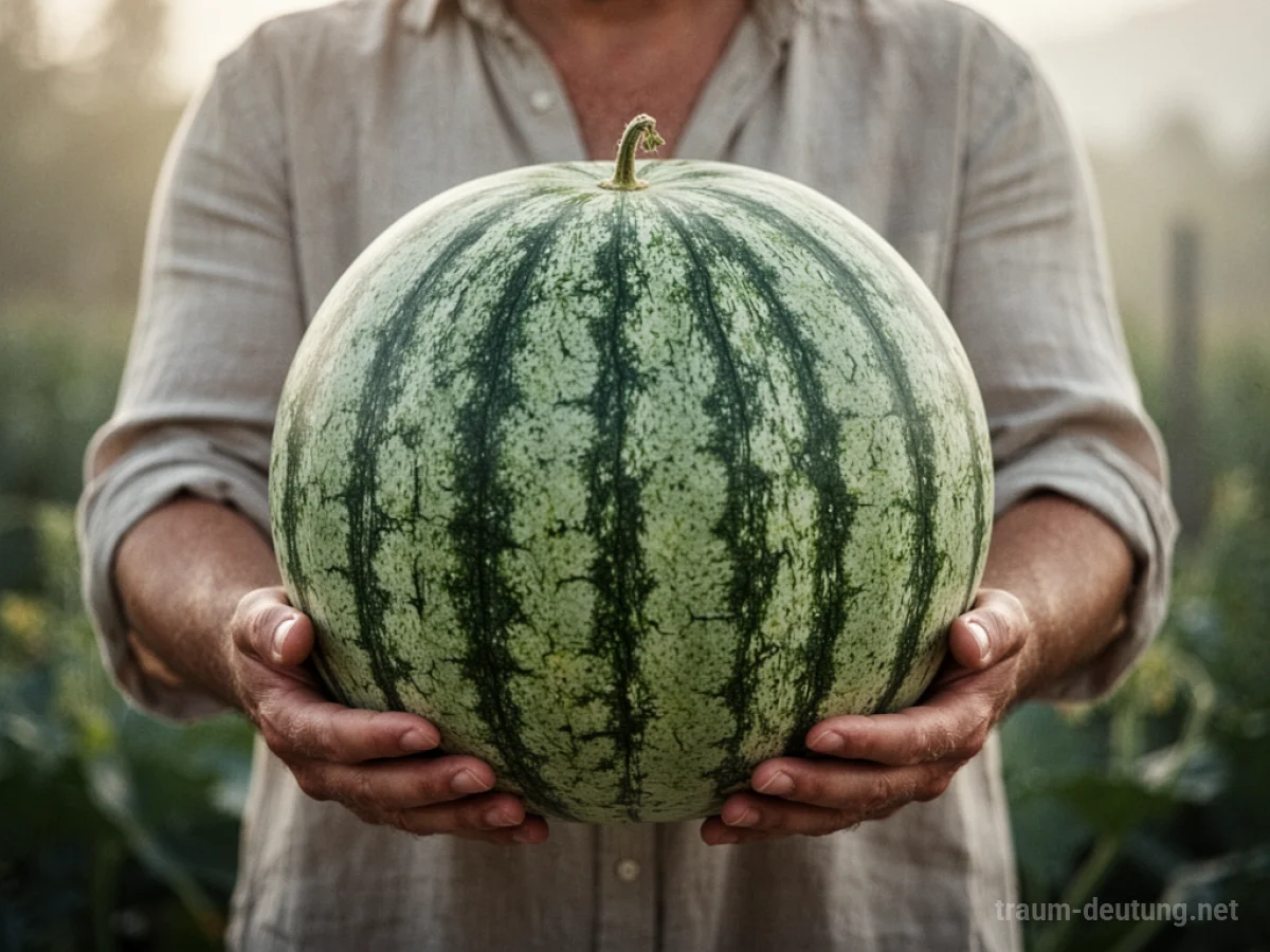Hände halten eine reife Melone, die Fülle und Verantwortung symbolisiert.