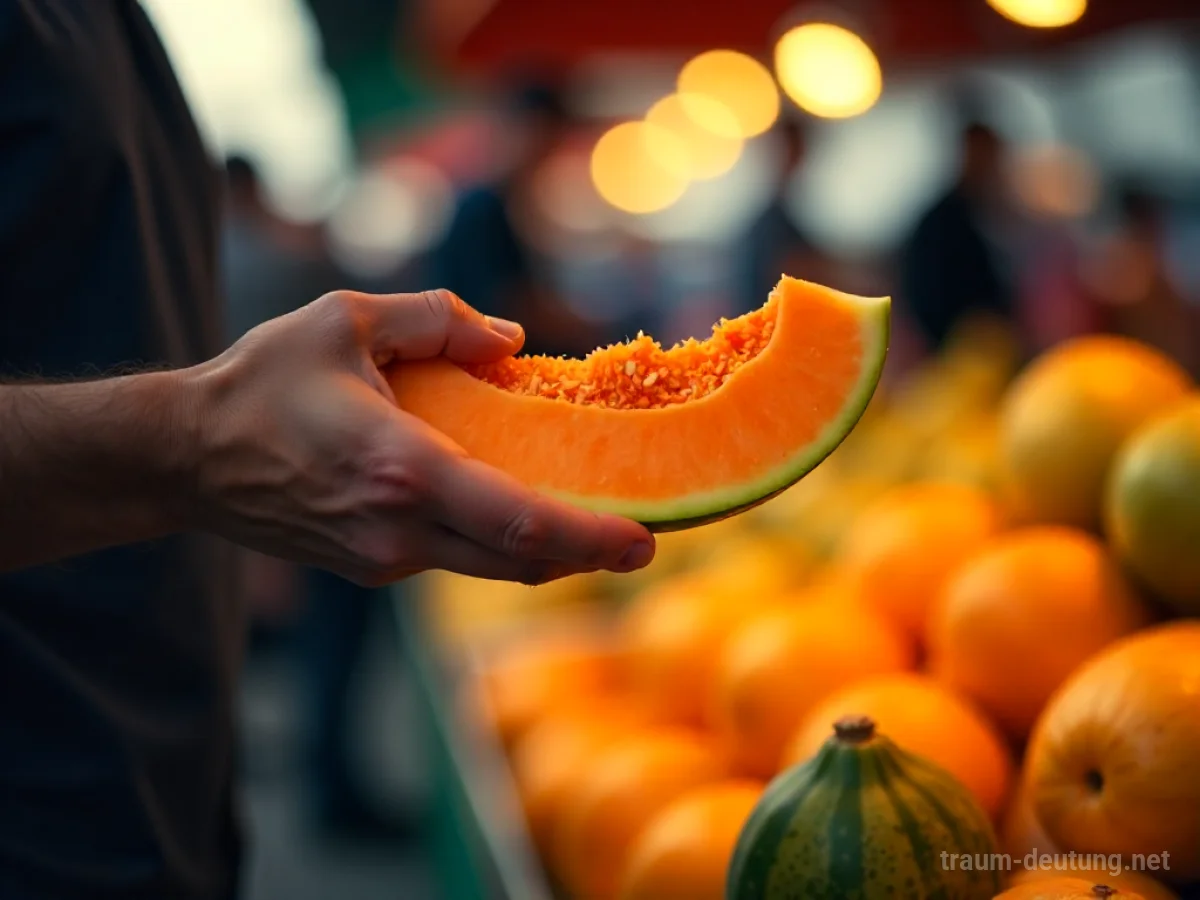 Verkäufer bietet eine reife Melone auf einem Markt an.