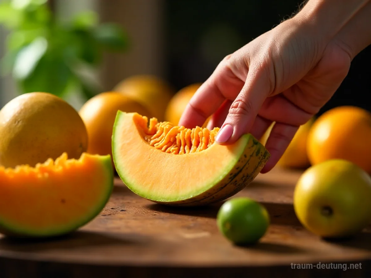 Eine Hand legt eine aufgeschnittene Melone zu anderen Früchten auf einen Tisch.