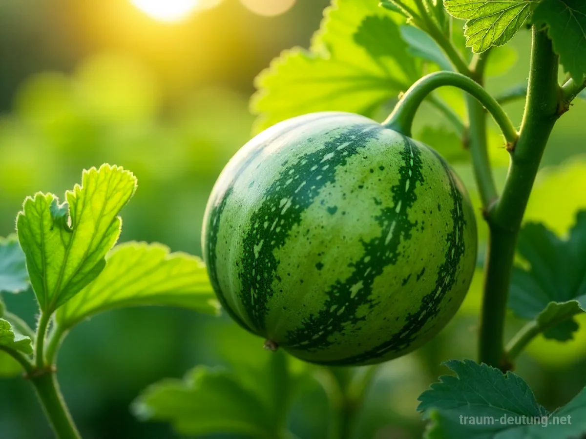 Eine reifende Melone wächst an einer Ranke im Sonnenschein.