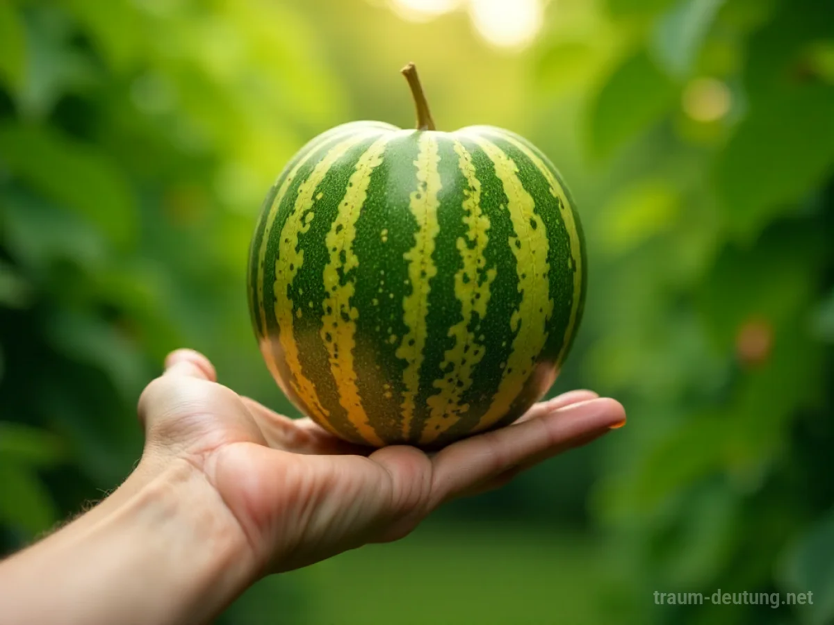 Eine Hand wirft eine reife Melone durch die Luft, die Kerne sind sichtbar.
