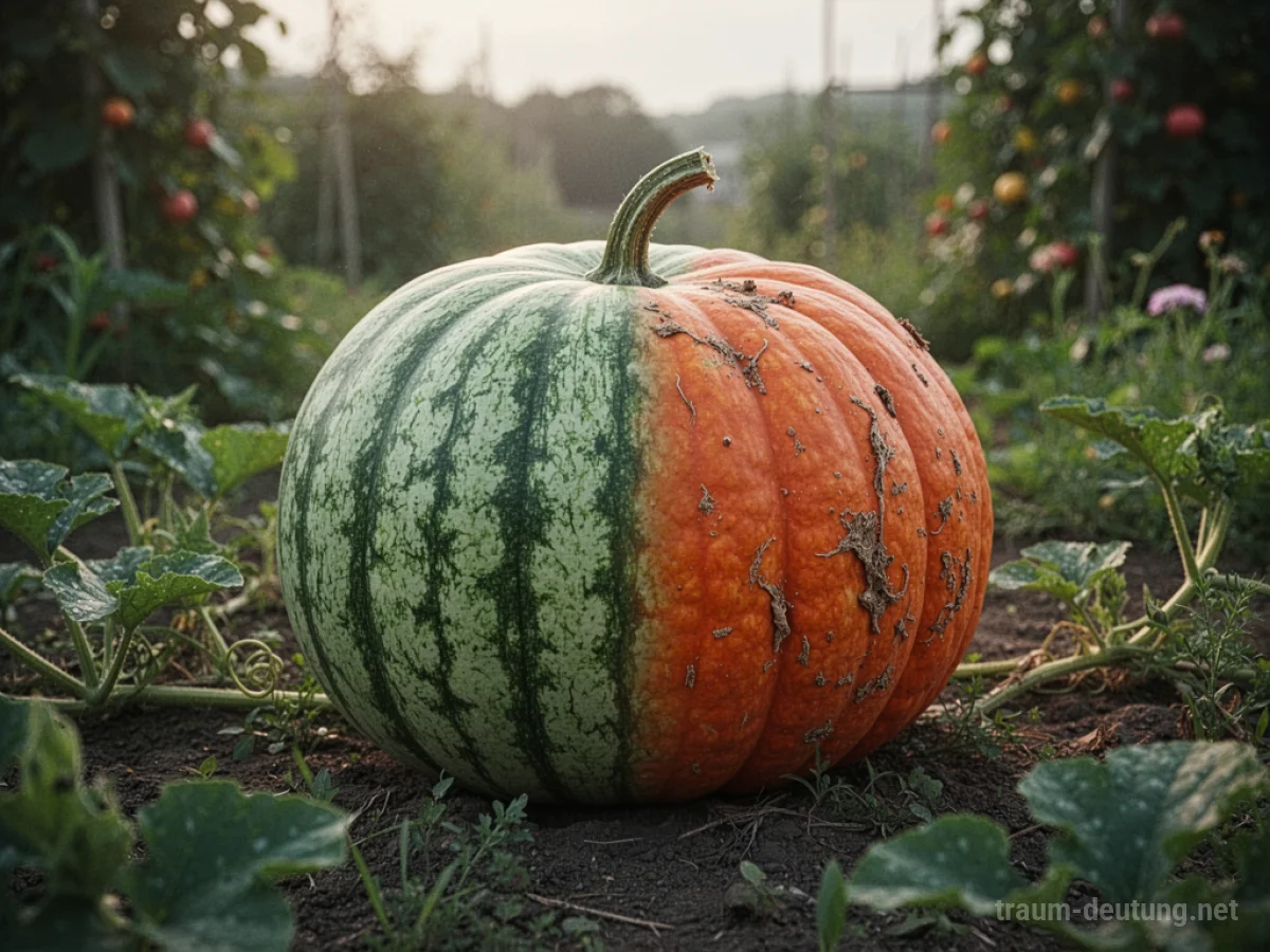 Eine Melone verwandelt sich langsam in einen Kürbis in einer Gartenumgebung.