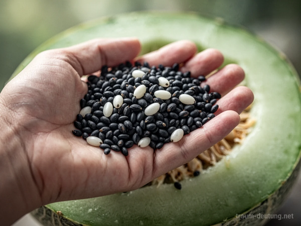 Hände halten Melonenkerne, einige schwarz, einige weiß