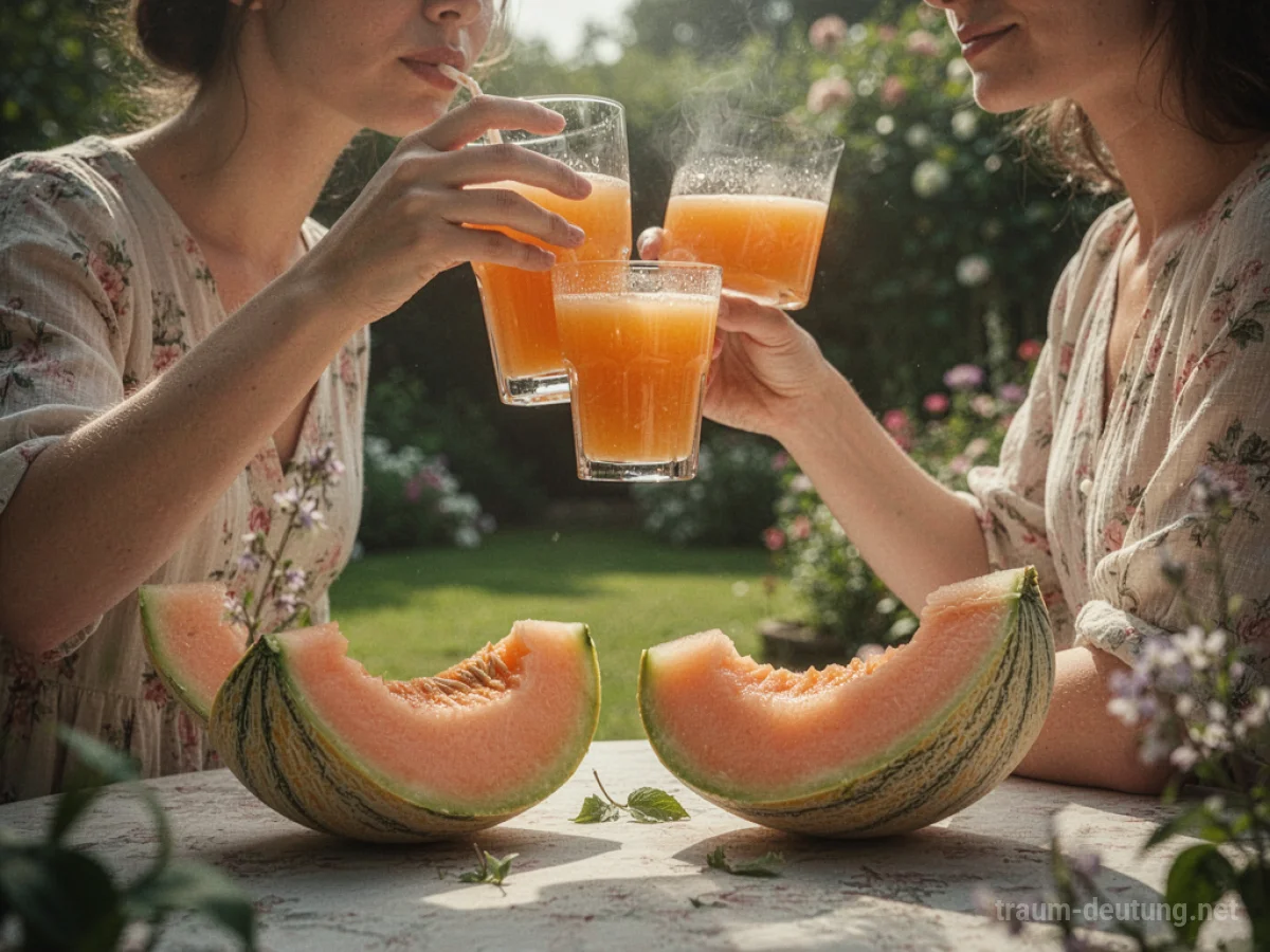 Glas mit Melonensaft und Melonenscheiben auf einem Gartentisch