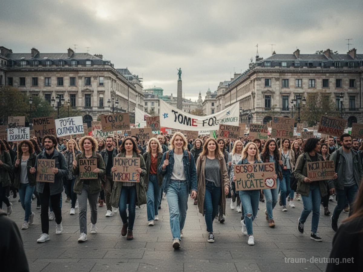 Menschenmenge bei einer Demonstration mit Schildern und Bannern