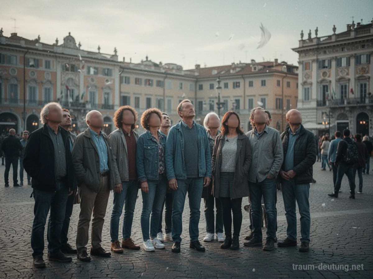 Gruppe von Menschen mit unscharfen Gesichtern in einem Platz