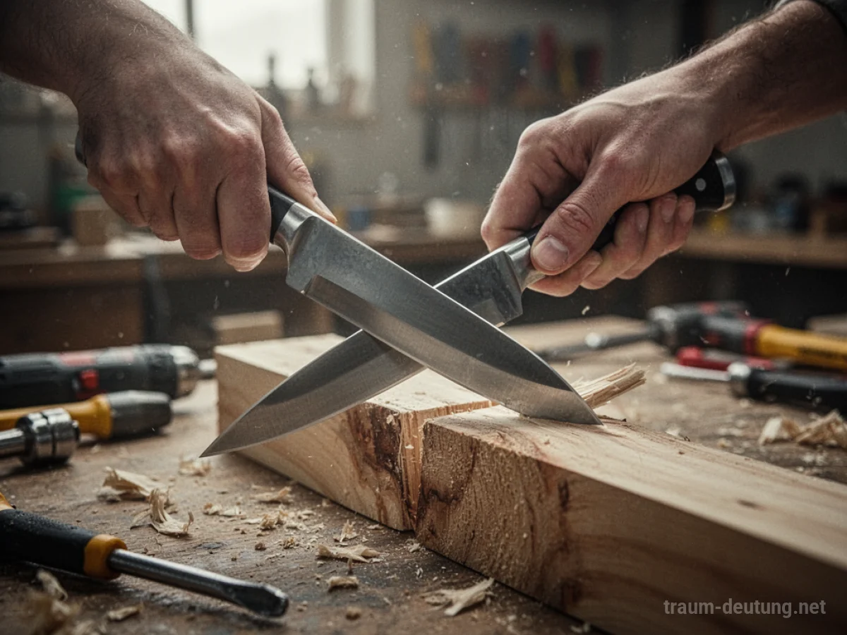 Hand hält ein Messer, um Holz zu schneiden