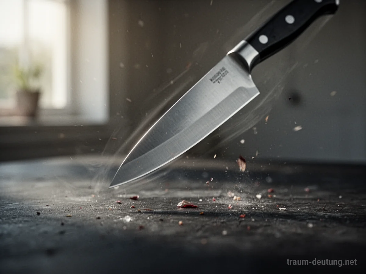 Ein Messer fällt aus großer Höhe auf eine dunkle Fläche.