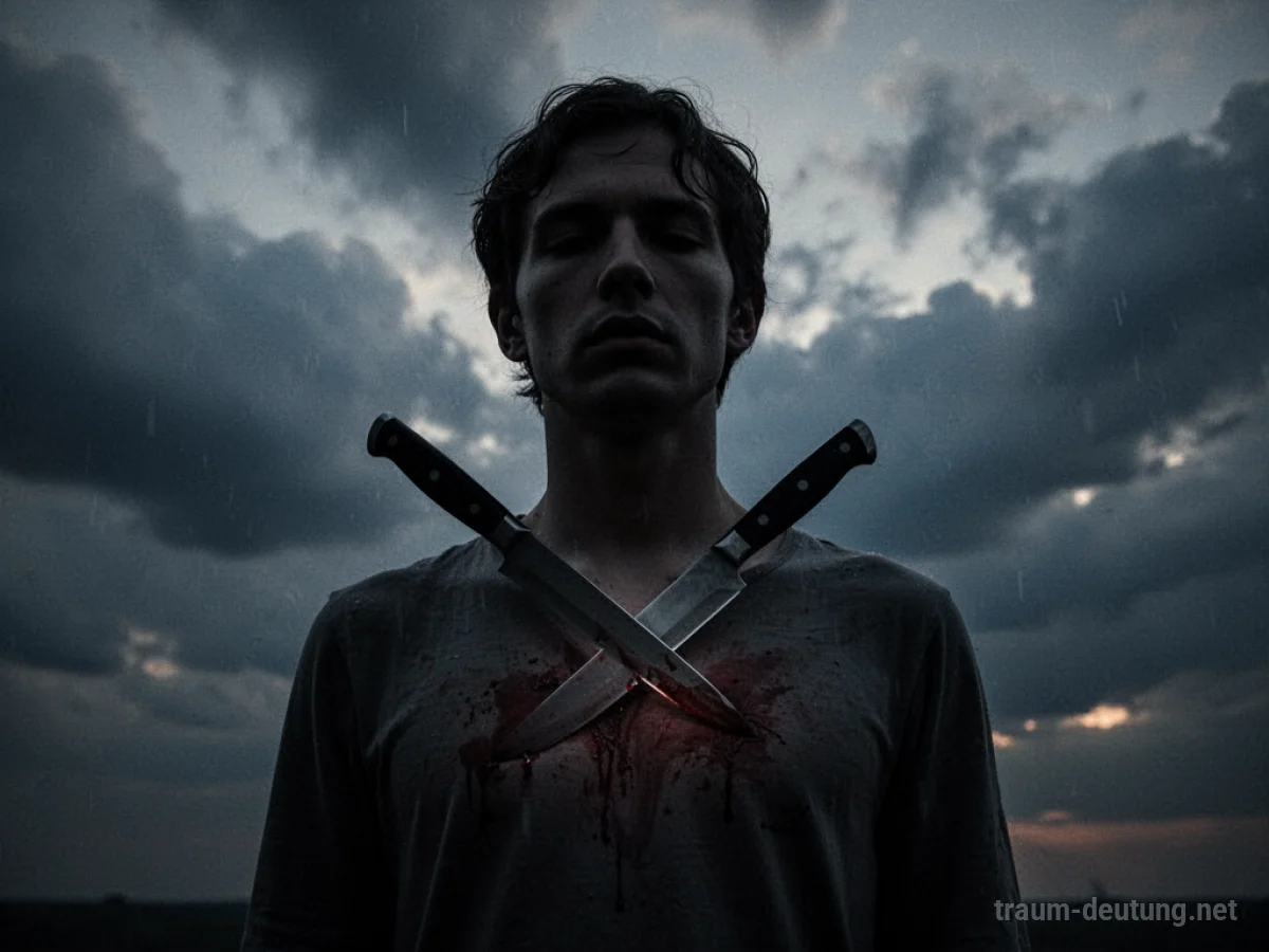 Silhouette einer Person mit einem Messer im Herzen vor einem dunklen Himmel