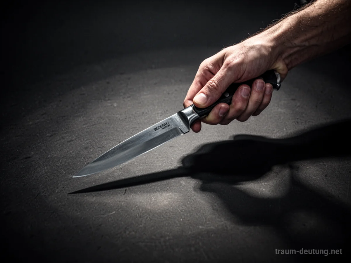 Eine Hand hält ein Messer, die Klinge scharf, vor dunklem Hintergrund.