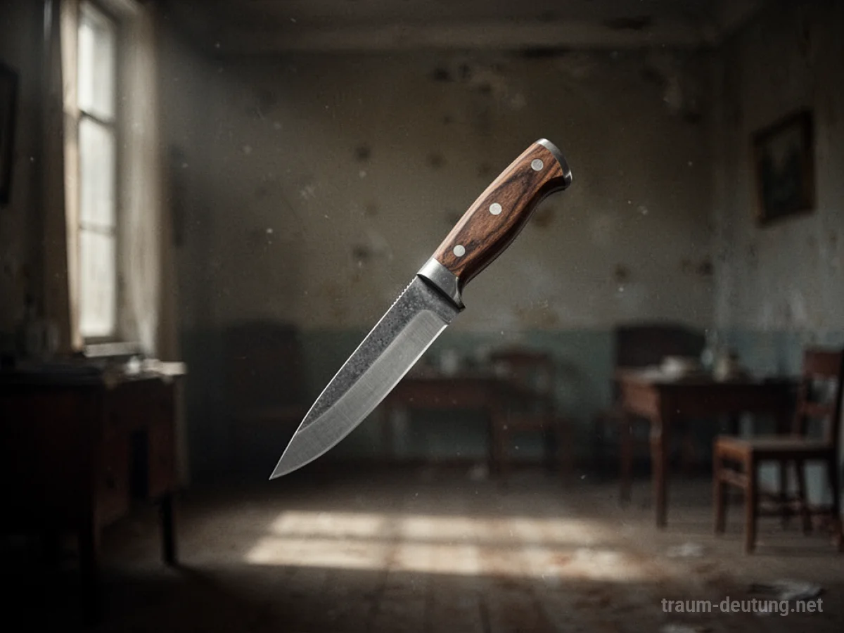 Ein einzelnes Messer schwebt in der Luft in einem dunklen Raum