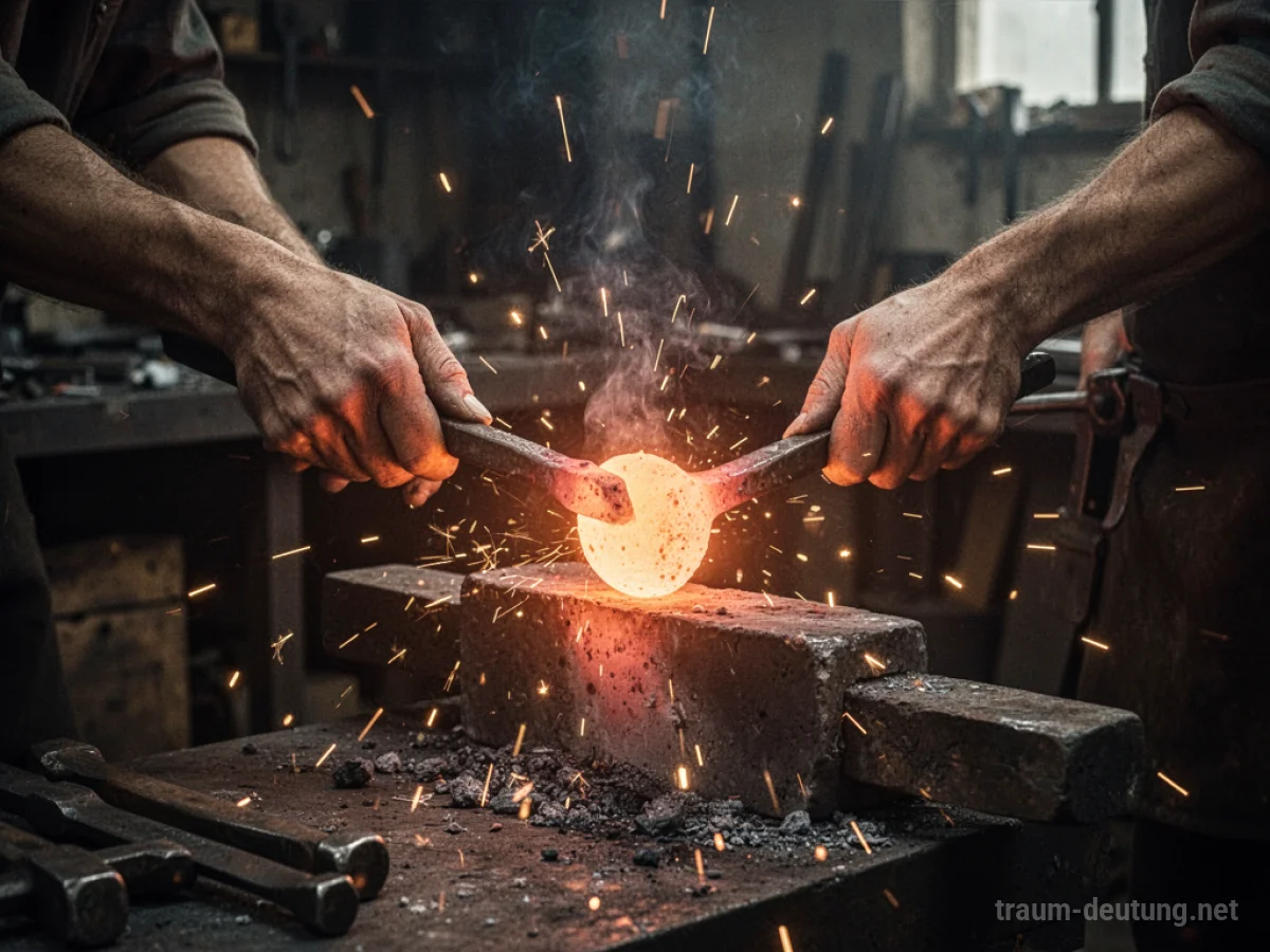 Hände formen glühendes Metall mit Werkzeugen in einer Werkstatt.