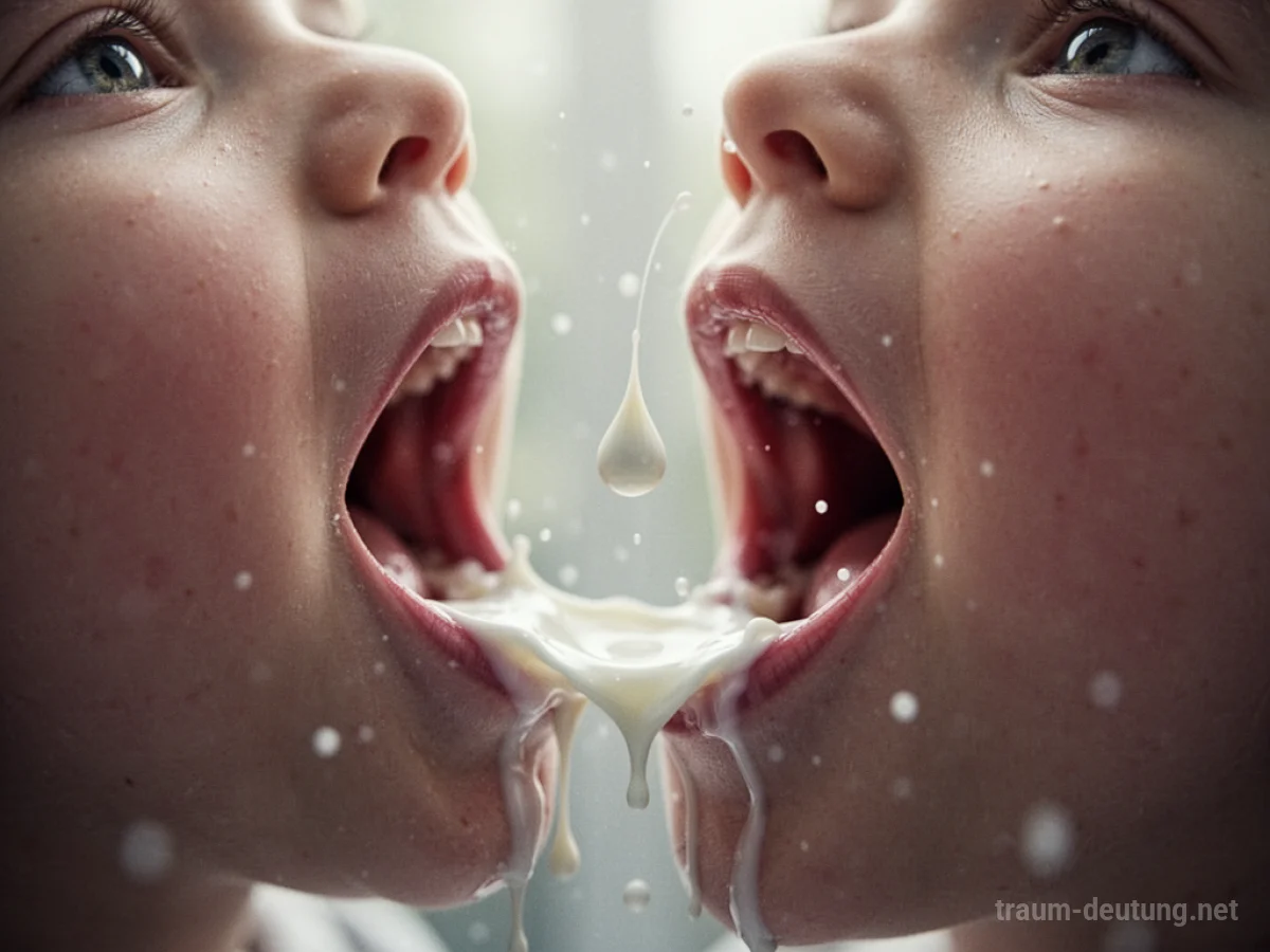 Ein einzelner Tropfen Milch fällt in einen geöffneten Mund.